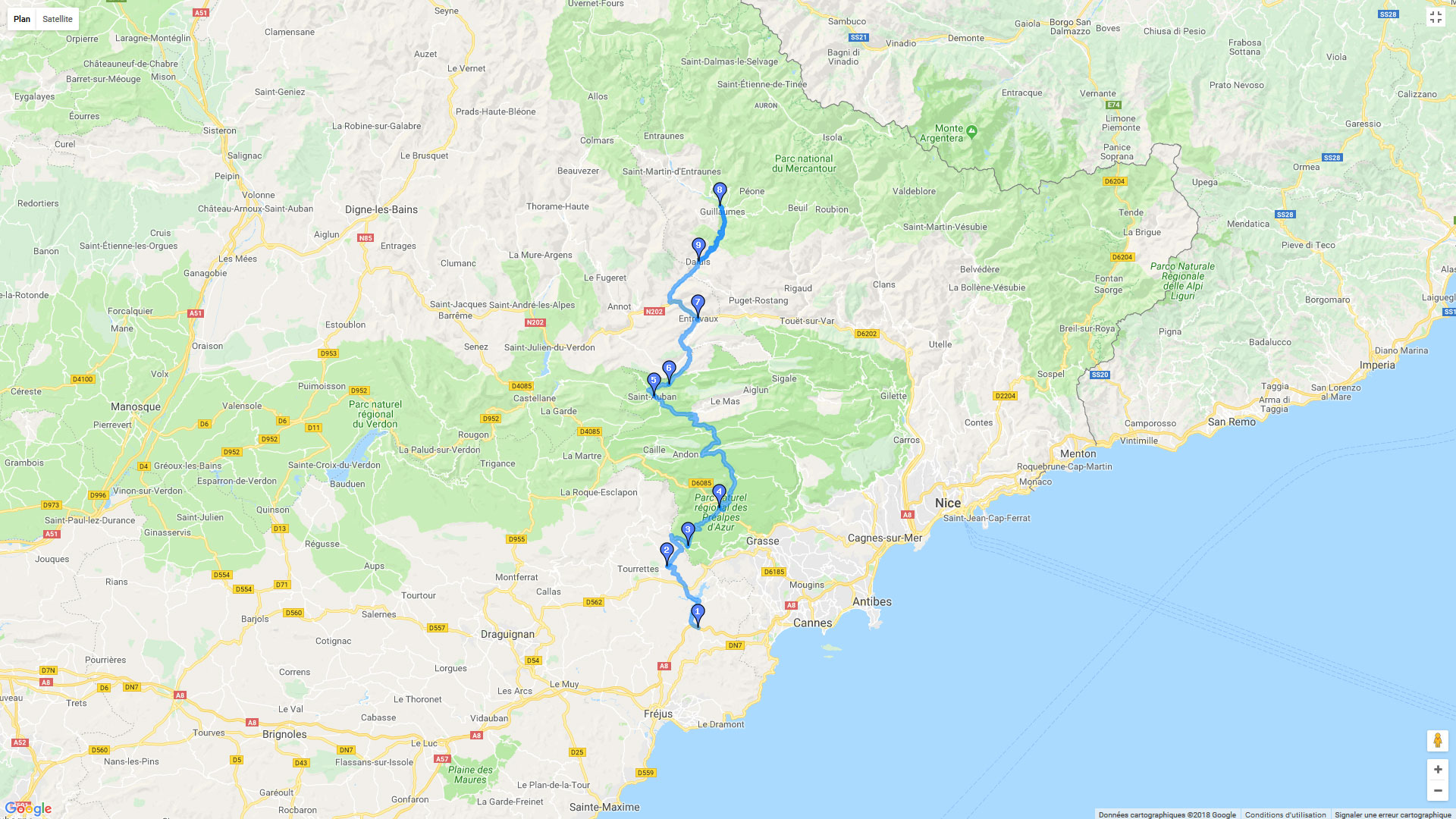Pour zoomer sur la carte et avoir plus de détails, connectez-vous ! Carte roadbook De l'Esterel au Mercantour