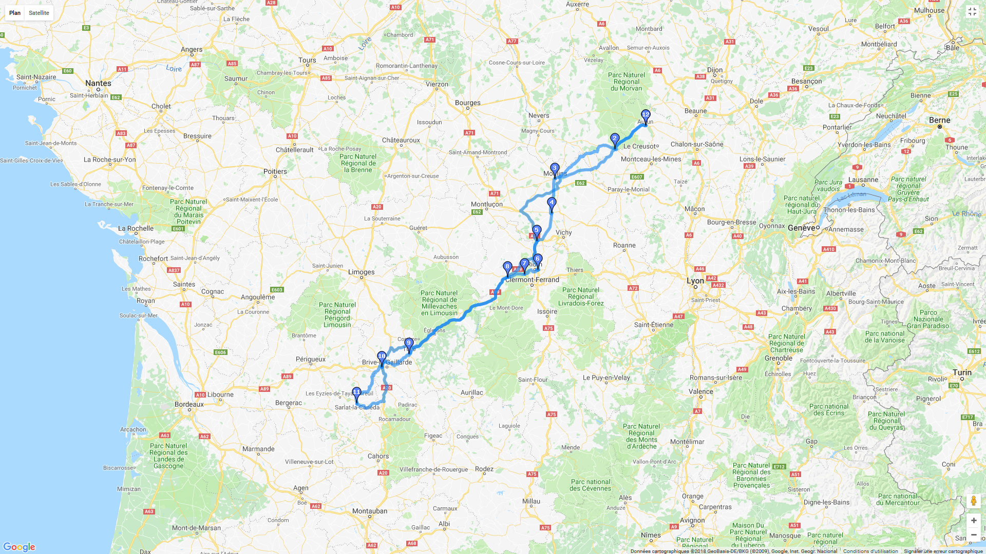 Pour zoomer sur la carte et avoir plus de détails, connectez-vous ! Carte roadbook Autun - Sarlat