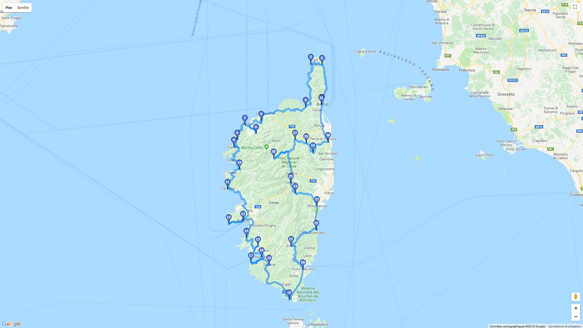 Pour zoomer sur la carte et avoir plus de détails, connectez-vous ! Carte roadbook La Corse en 5 jours