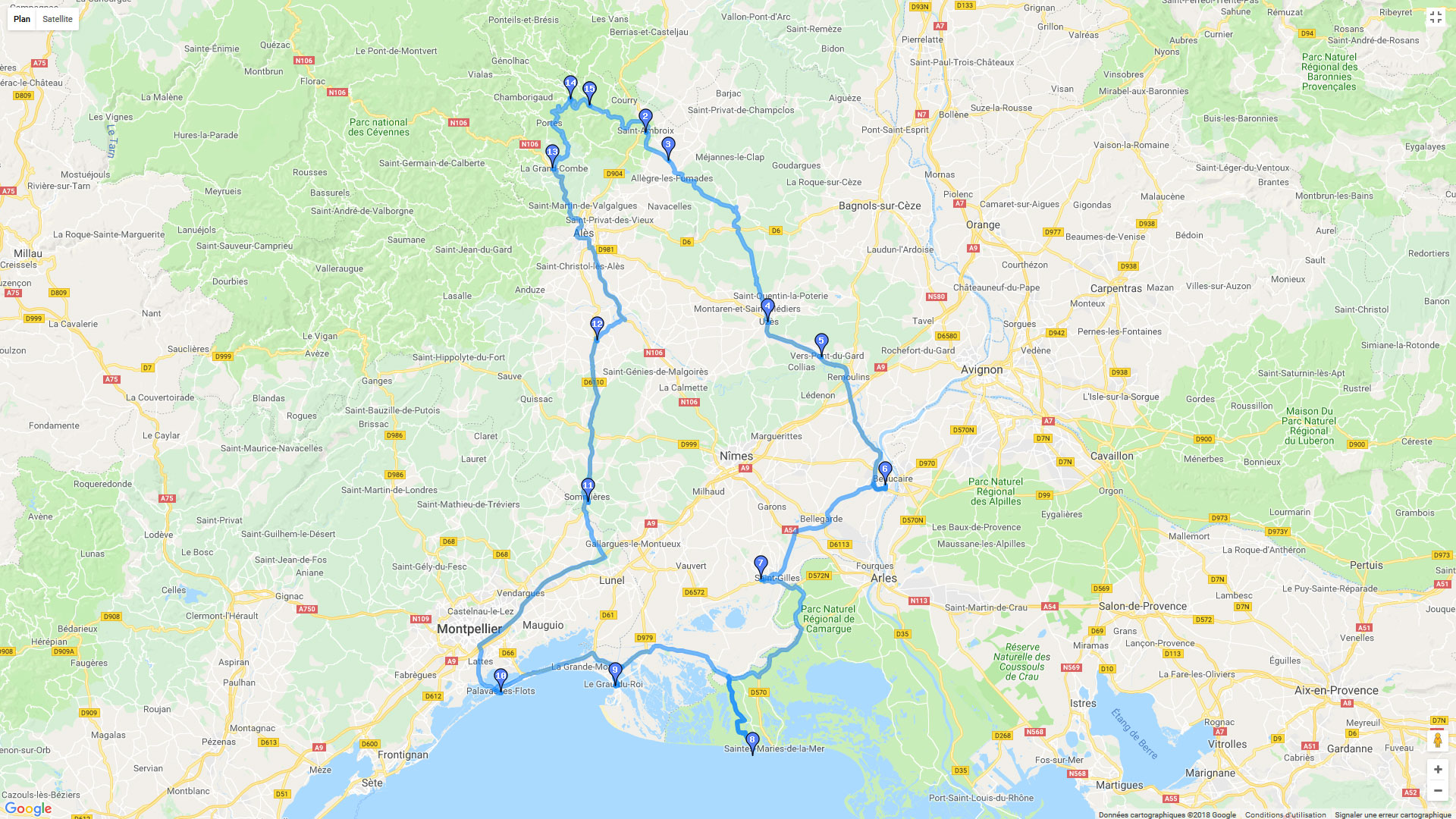 Pour zoomer sur la carte et avoir plus de détails, connectez-vous ! Carte roadbook Montpellier - Nîmes - Bessèges
