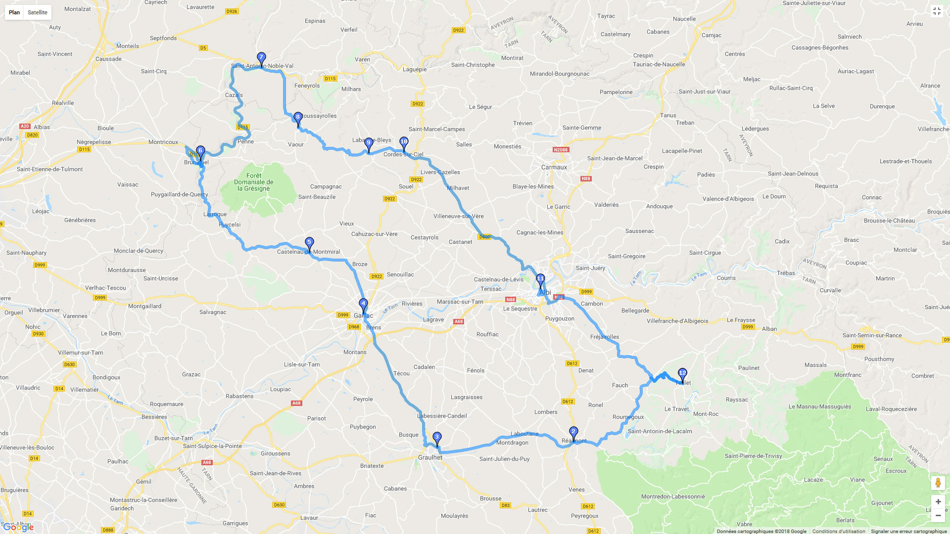 Pour zoomer sur la carte et avoir plus de détails, connectez-vous ! Carte roadbook Tarn touristique
