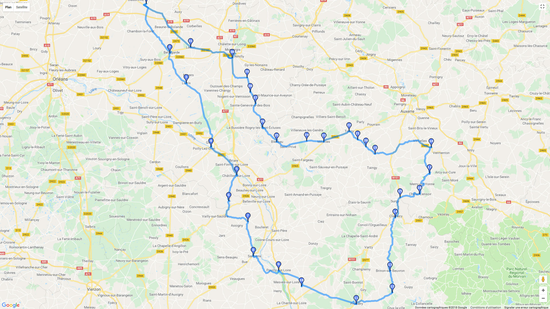 Pour zoomer sur la carte et avoir plus de détails, connectez-vous ! Carte roadbook Du Loiret à l'Yonne