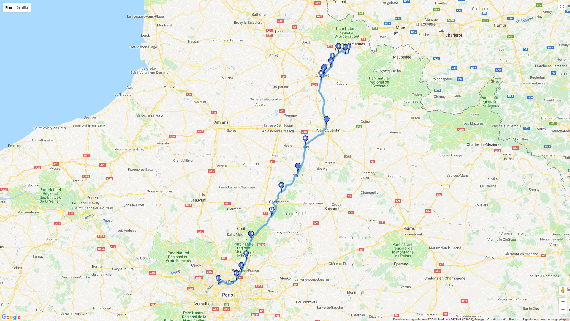 Pour zoomer sur la carte et avoir plus de détails, connectez-vous ! Carte roadbook Retour Valenciennes-Paris