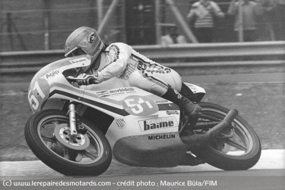 Mario Lega en route vers le titre 250 en 1977 avec Morbidelli