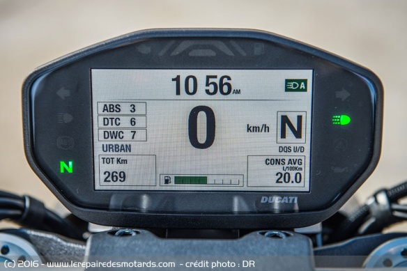 ABS, contrôle de traction, anti-wheeling... la Monster se dote de multiples assistances électronique et d'une centrale IMU