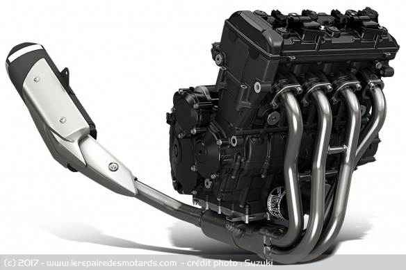 Le moteur de la Suzuki GSX-S750 est un dédivé de la 750 GSXR 2005. dégonflé de 148 à 114 ch, il est conforme à la norme Euro 4