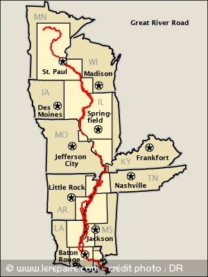 La carte de la Great River Road, au bord du Mississippi