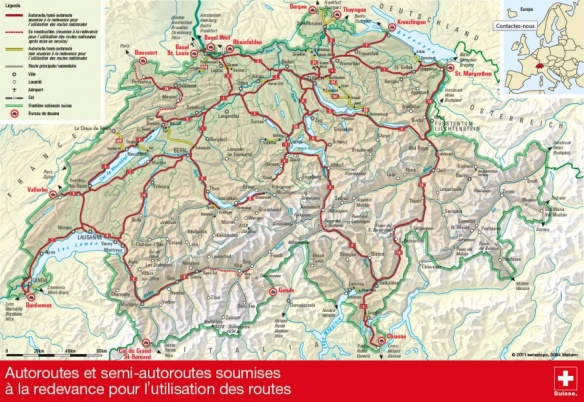 Carte des autoroutes suisses soumises à la redevance de la vignette